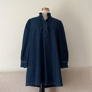 Clare V Denim Jean Ruffle Mini Long Sleeve Shirt Dress